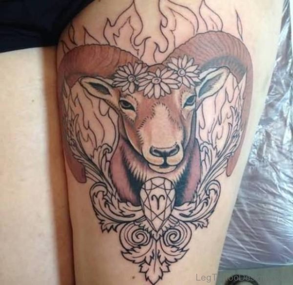 Trendy Aries Tattoo On Thigh