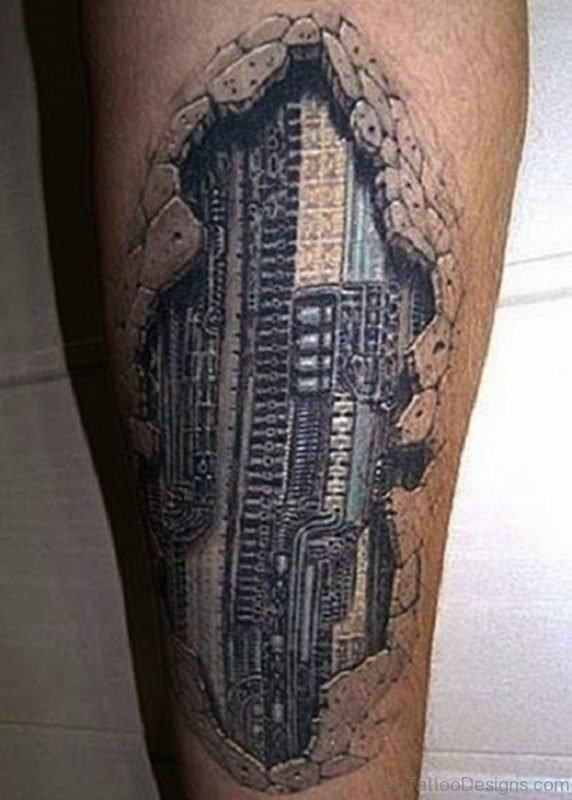 Trendy Biomechanical Tattoo On Leg