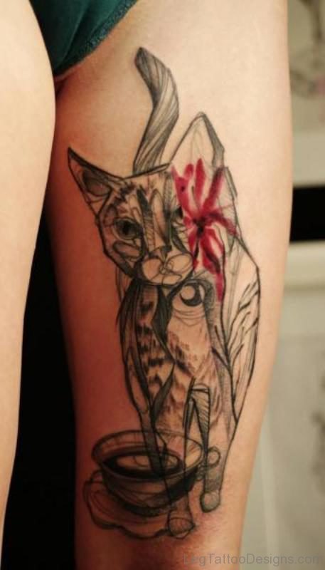 Trendy Cat Tattoo On Thigh
