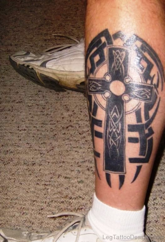 Tribal Celtic Cross Tattoo On Leg