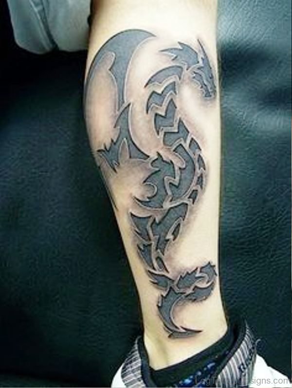 Tribal Dragon Tattoo On Calf