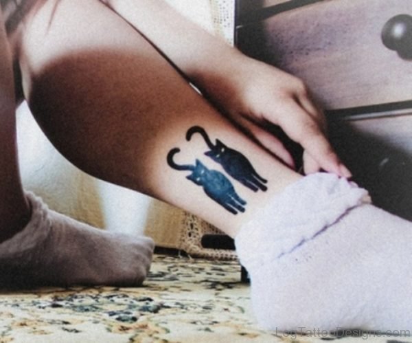 Two Black Cats Tattoo On Leg