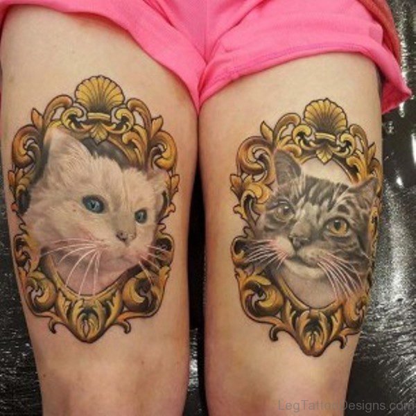 Two Cats Tattoo On Thigh