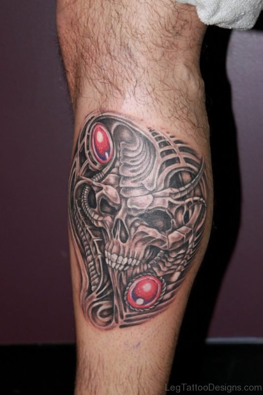 Unique Biomechanical Skull Tattoo On Leg