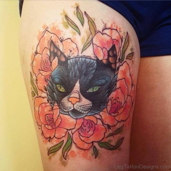 Watercolor Cat Tattoo On Thigh