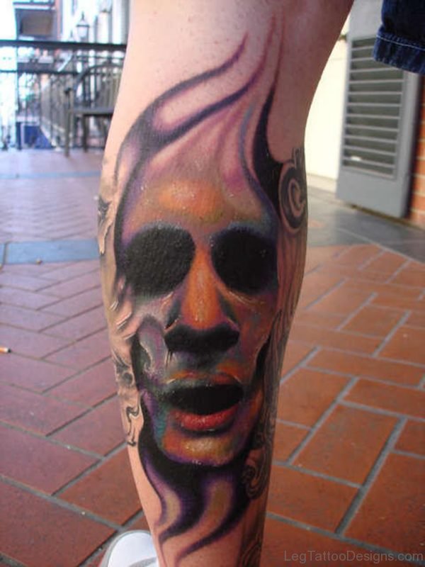 Watercolor Face Tattoo For Leg