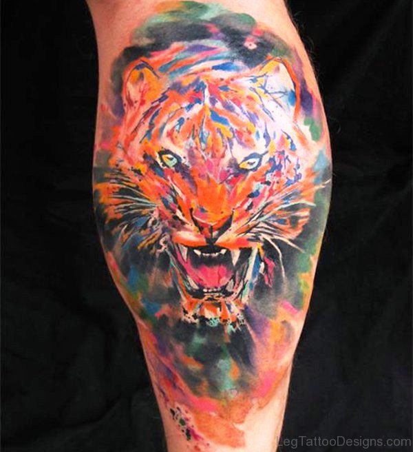 Watercolor Tiger Tattoo On Calf