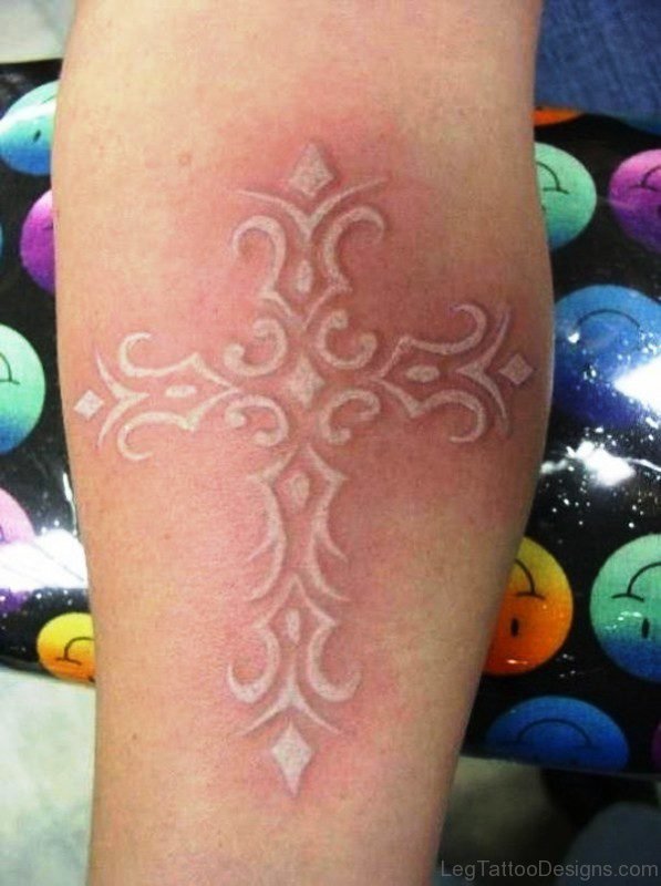 White Ink Cross Tattoo On Leg