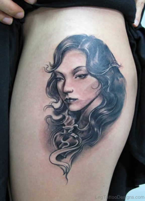 Wicked Face Portrait Tattoo On Leg