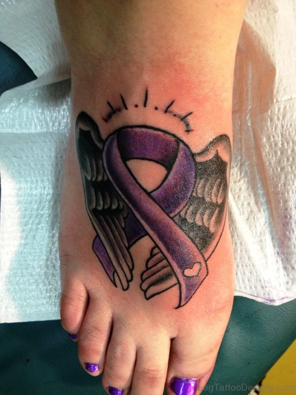 Winged Cancer Ribbon Tattoo On Foot