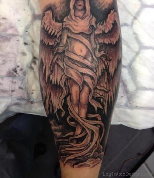 Winged Grey Ink Angel Tattoo on Back Leg