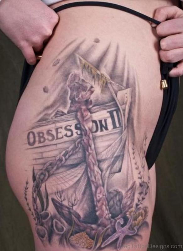 Wonderful Anchor Tattoo Design On Thigh
