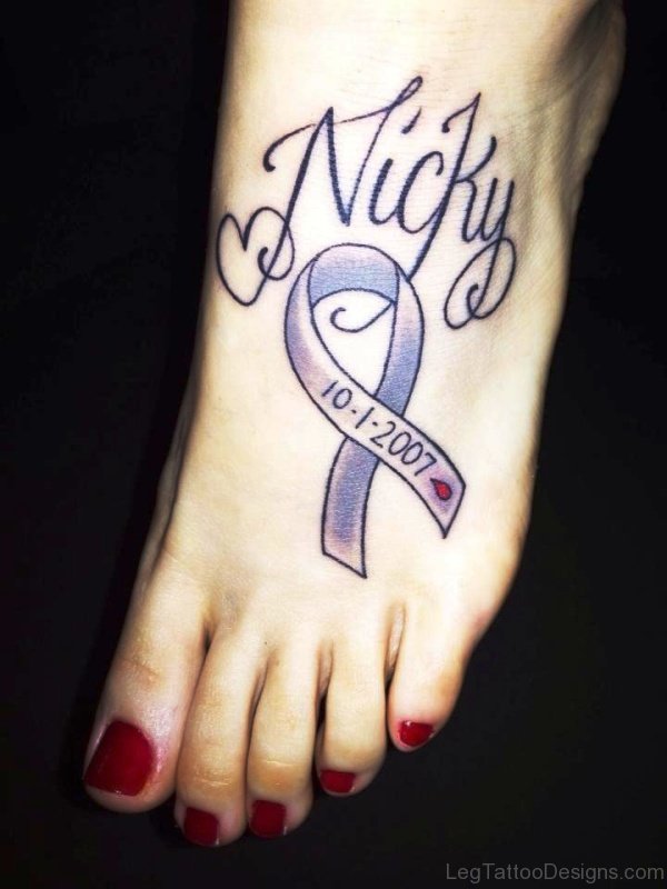 Wonderful Cancer Ribbon Tattoo On Foot