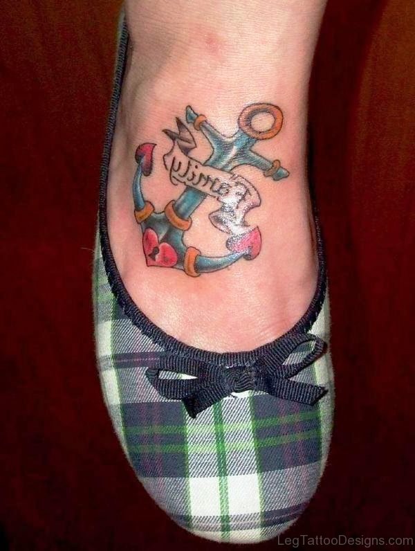 Wonderful Coloured Anchor Tattoo On Foot