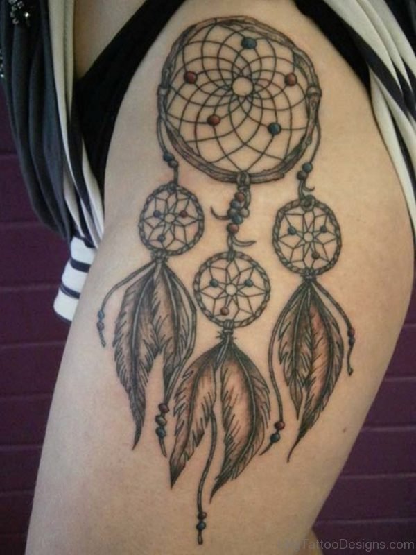 Wonderful Dreamcatcher Tattoo On Thigh