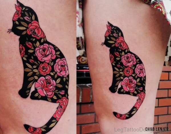 Wonderful Flower Cat Tattoo On Thigh