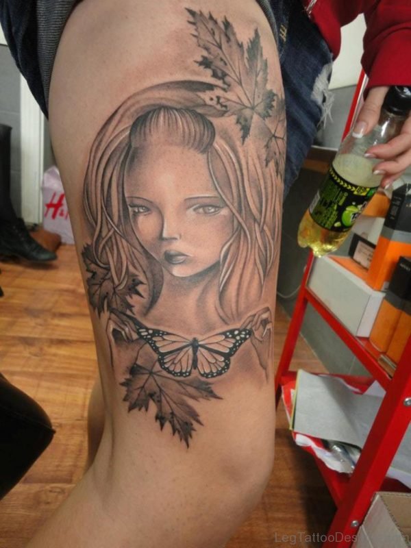 Wonderful Grey Ink Girl Portrait Tattoo on Leg