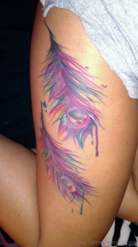 Wonderful Peacock Feather Tattoo On Thigh