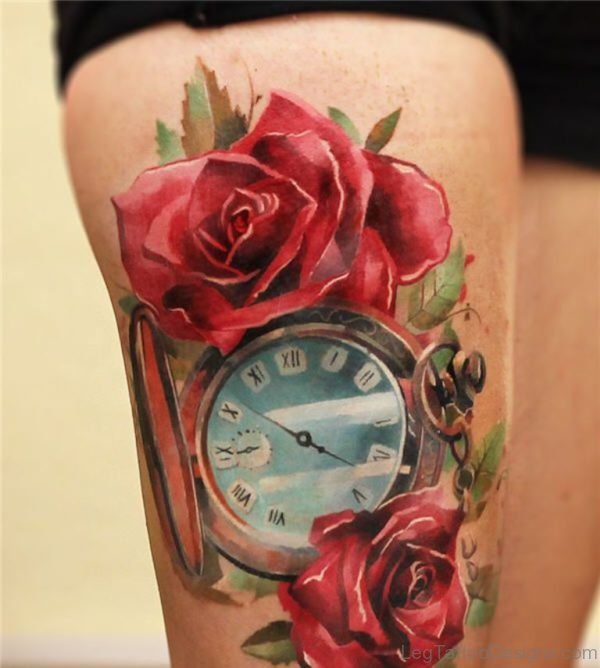 Wonderful Rose And Clock Tattoo