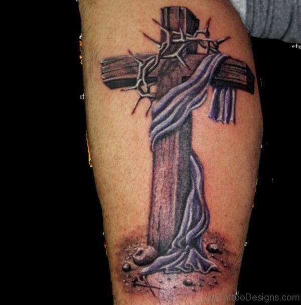 Wooden Cross With Barbed Crown Tattoo Design For Leg
