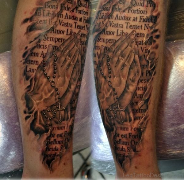 Wording And Praying Hands Tattoo