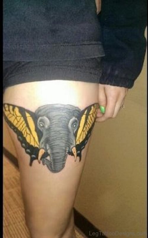 Yellow Butterfly Ears On Elephant Tattoo