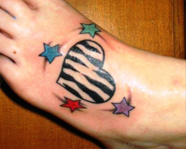 Zebra Heart Tattoo With Stars On Foot