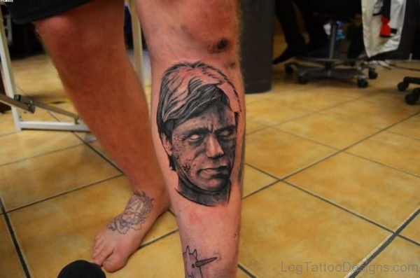 Zombie Man Portrait Tattoo On Leg