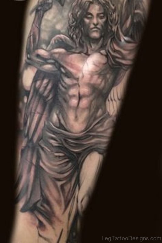 Grey Angel Tattoo On Leg