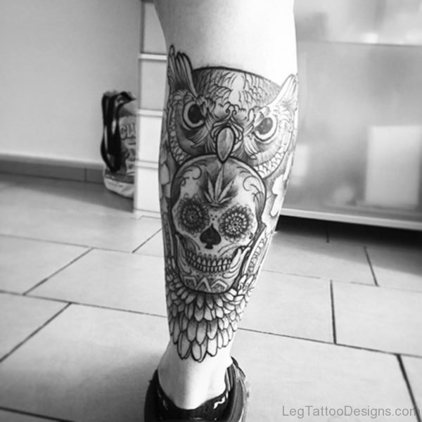 Grey Owl And Skull Tattoo