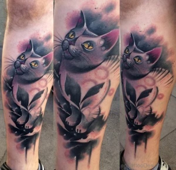 Adorable Cat Tattoo On Leg