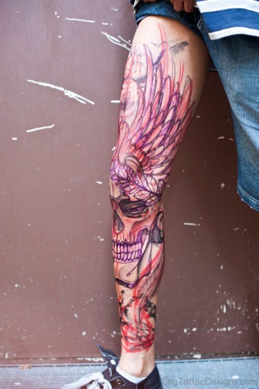 Alien Skull Tattoo On Leg