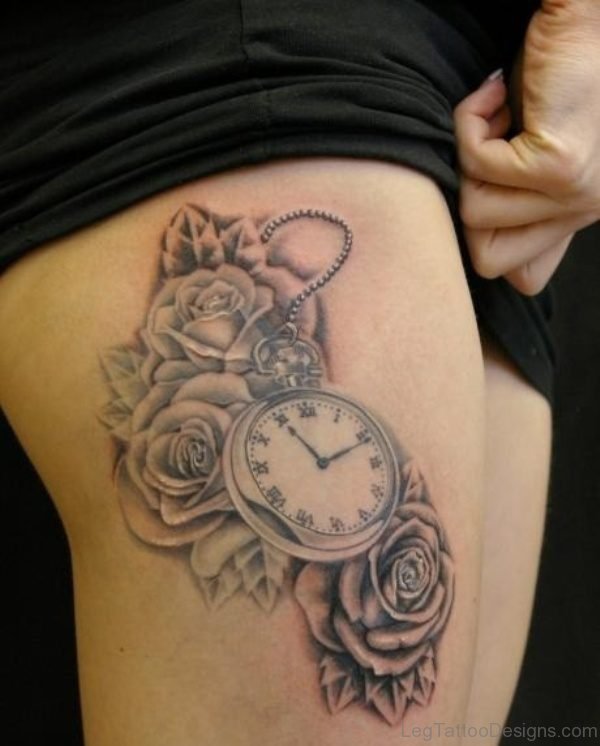 Amazing Clock Tattoo On Thigh