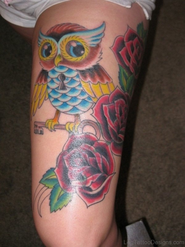 Amazing Owl Tattoo Design On Thigh
