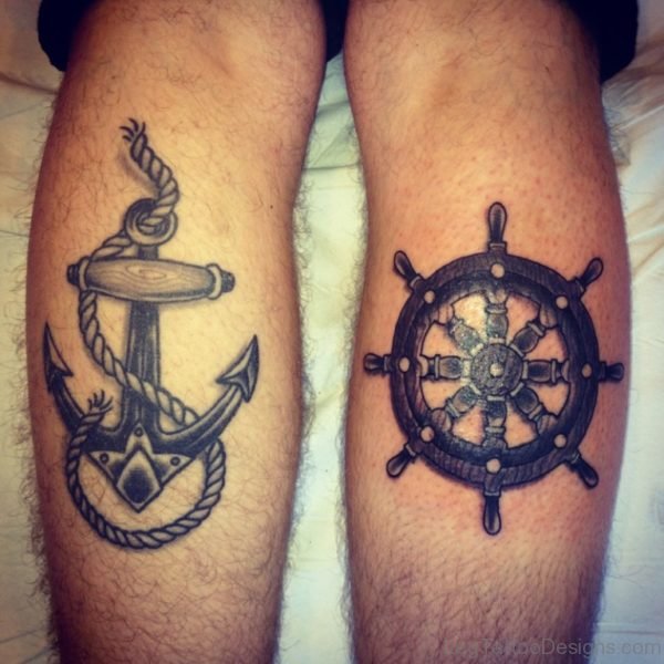 Anchor And Ship Wheel Tattoo Leg