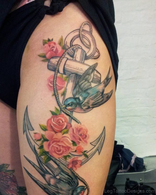 Anchor And Swallow Tattoo On Thigh