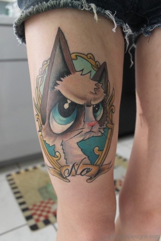Angry Cat Tattoo on Thigh