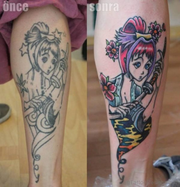 Anime Girl Tattoo On Leg