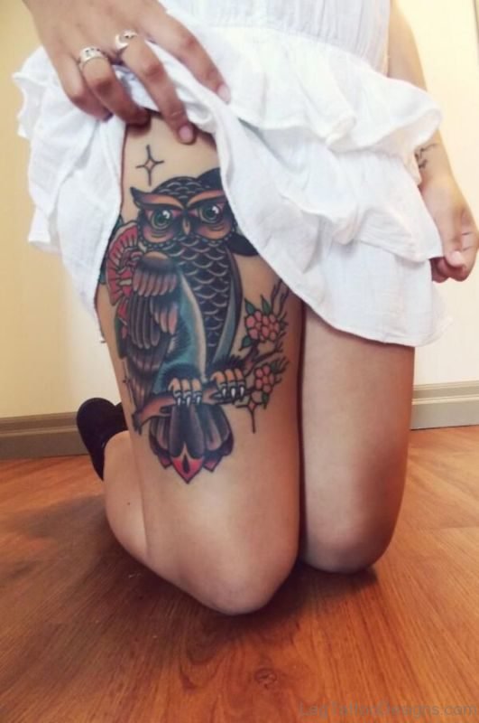 Attractive Owl Tattoo On Thigh