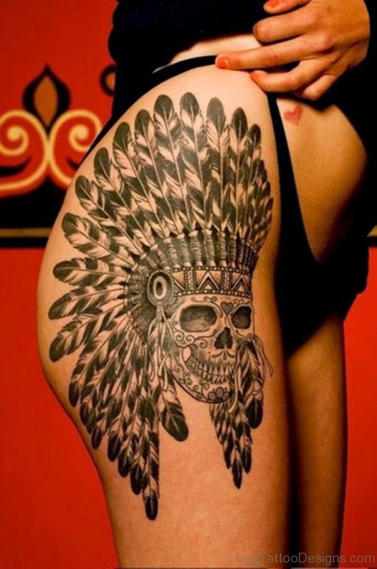 Attractive Skull Tatttoo On Thigh