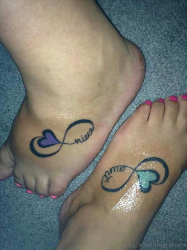 Aunt And Niece Infinity Heart Tattoo On Feet.