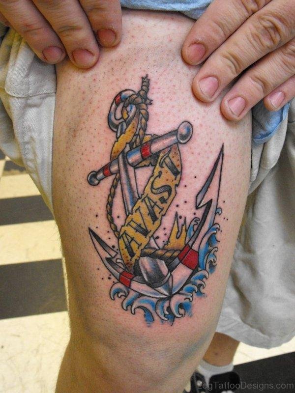 Avast Anchor Tattoo On Thigh