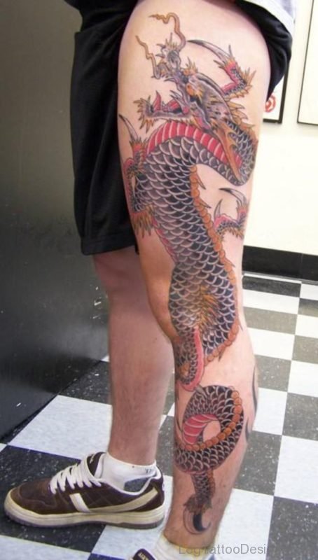 Awesome Colored Dragon Tattoo Design On Leg