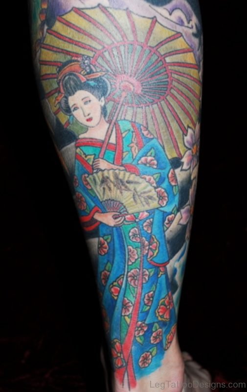 Awesome Colored Ink Geisha Tattoo On Leg