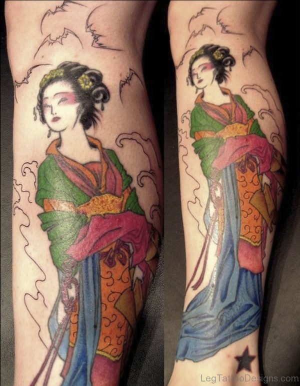 Awesome Geisha Tattoo On Leg