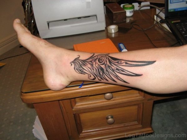 Awesome Grey Ink angel Wing Tatoo On Leg