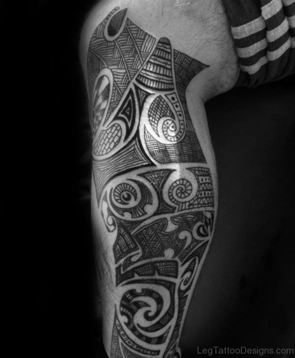 Awesome Male Polynesian Leg Tribal Tattoo