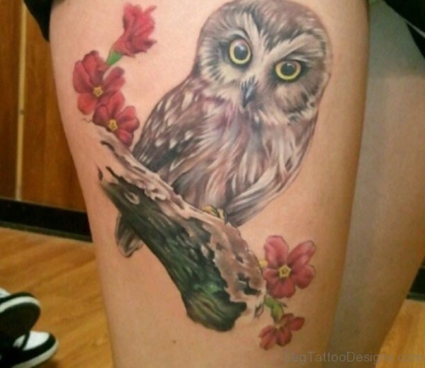 Awesome Owl Tattoo Design On Thigh