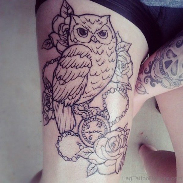 Awesome Owl Tattoo On Thigh 