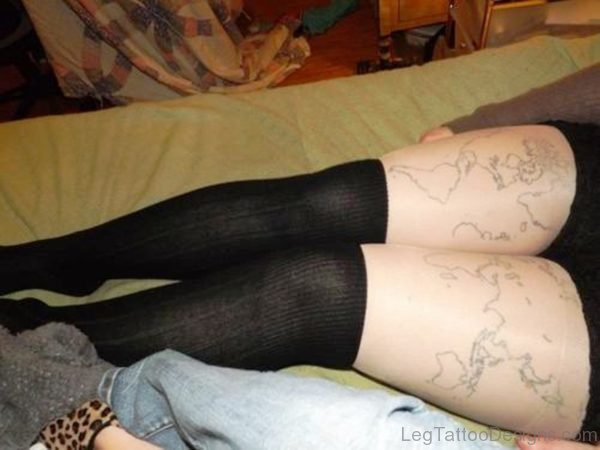 Awesome World Map Tattoo On Thigh
